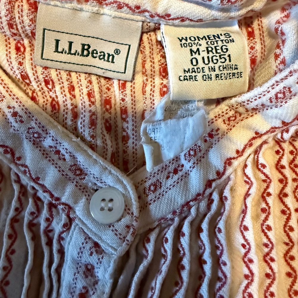 90s Vintage L.L. Bean Dobby Striped Cotton Flannel Nightgown Red White Medium - Picture 10 of 12